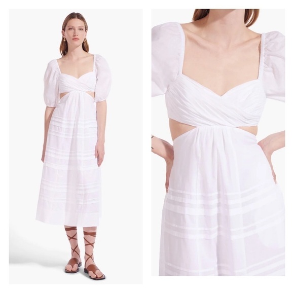 STAUD Carina Cutout Puff Sleeve Pintuck Midi Dress Detailed White Medium NWT - Picture 1 of 15